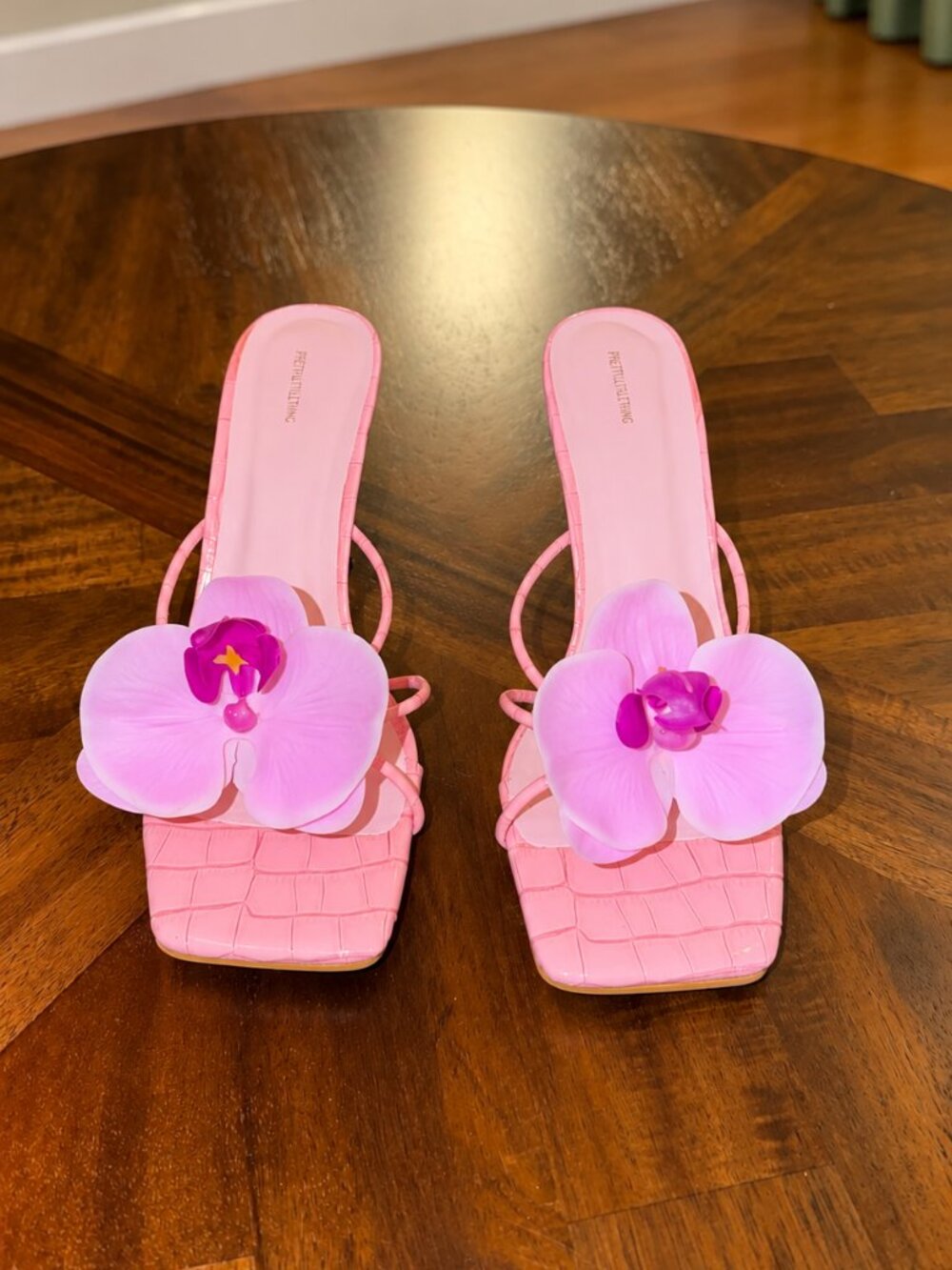 PrettyLittleThing Pink Orchid Flower Strappy Heeled Sandals Size 8